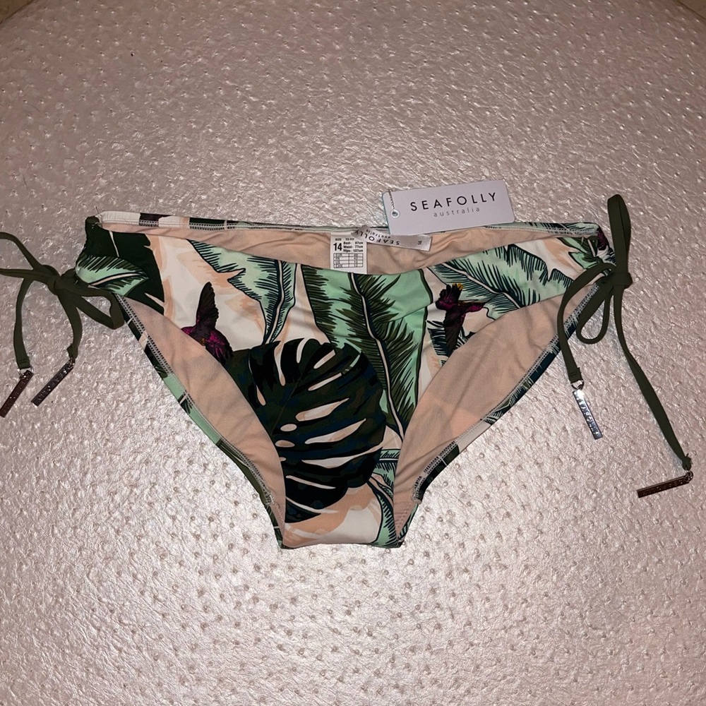 NWT Seafolly Palm Beach Loop Tie Hipster Tropical Print Bikini Bottom Sz US 10